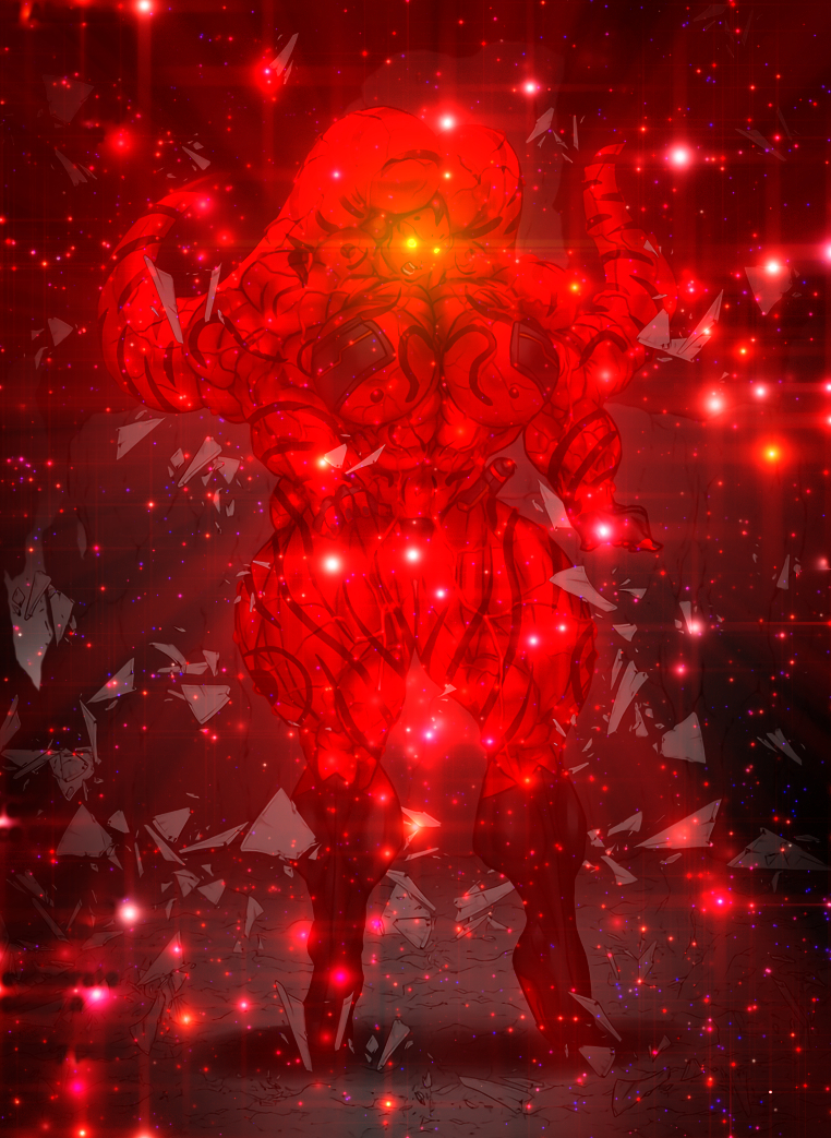 Amin'sifi, a Lethean Twi'lek, roars as her body radiates raw power and crimson light.  Like Ahosaa, she's extremely muscular and scantily clad.